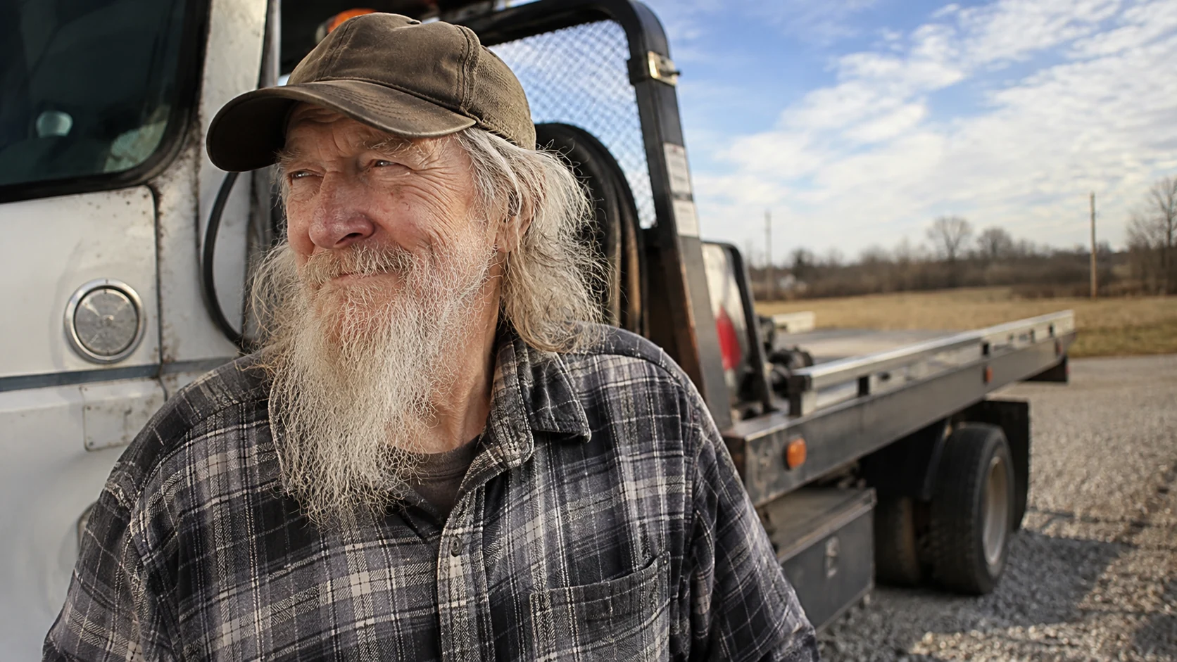 Robert standing next to his flatbed tow truck