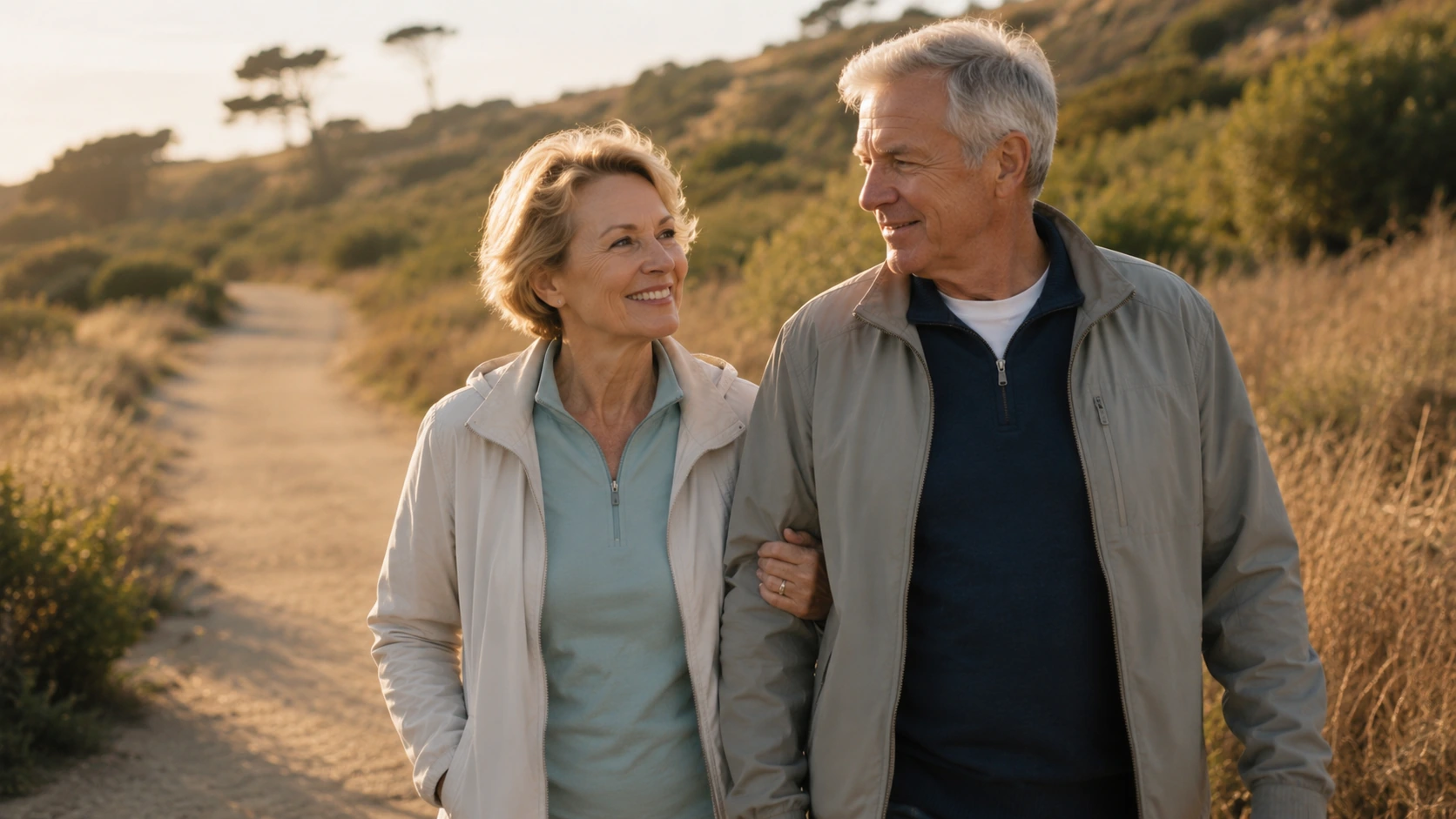 Senior couple walking a trail together