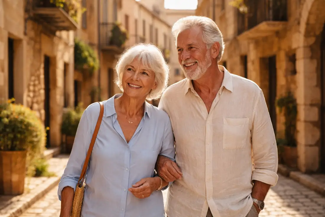 Elderly couple walking down a sun-drenched cobblestone street in Spain.
